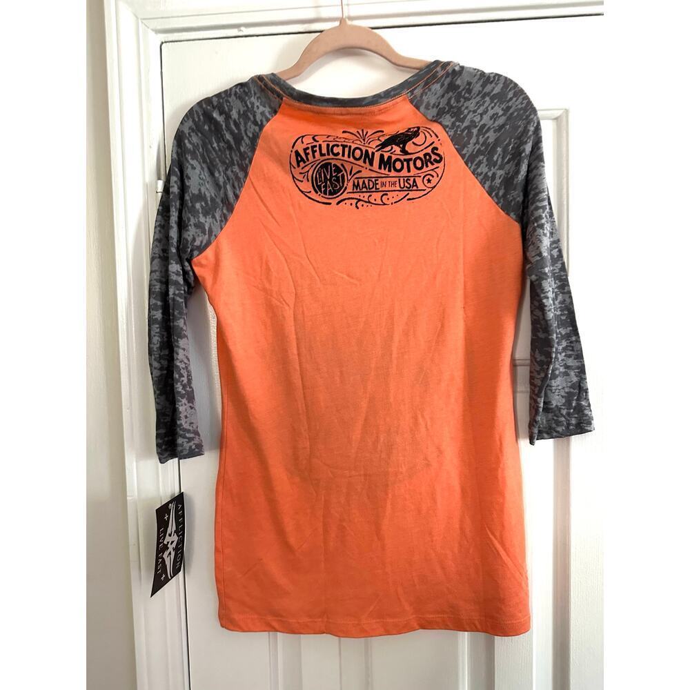 AFFLICTION Old Crow American Customs 3/4 Sleeve Tee Women’s Orange Small Y2K NWT - Picture 3 of 3